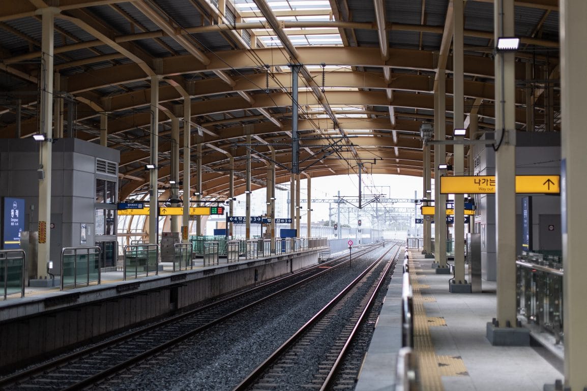 A train platform at a station in Busan, South Korea.