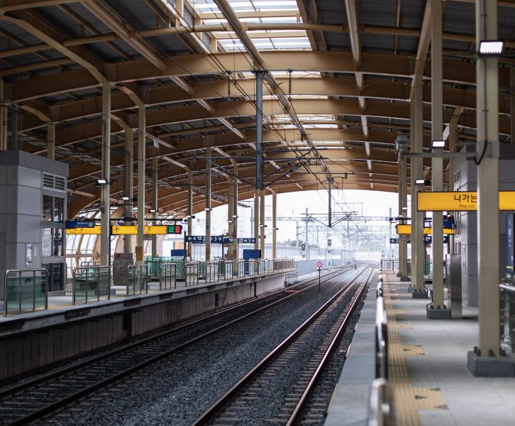 A train platform at a station in Busan, South Korea.