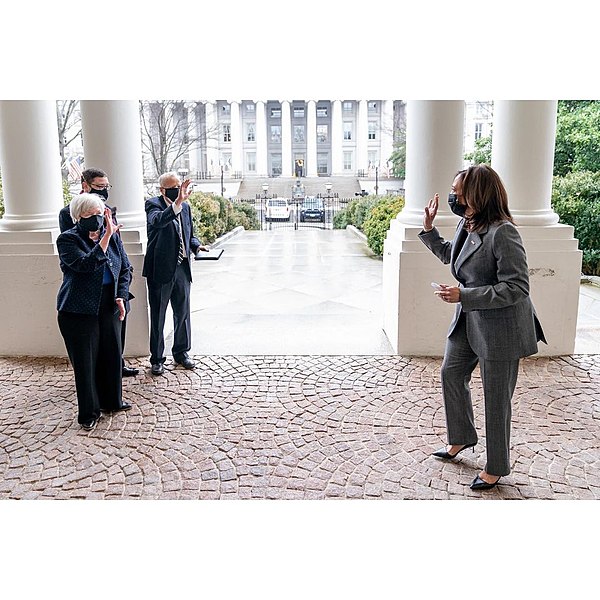 Janet Yellen waves goodbye to Kamala Harris