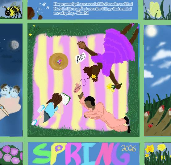 Artwork by Rian, showing bright colors, spring 26' with children sitting together